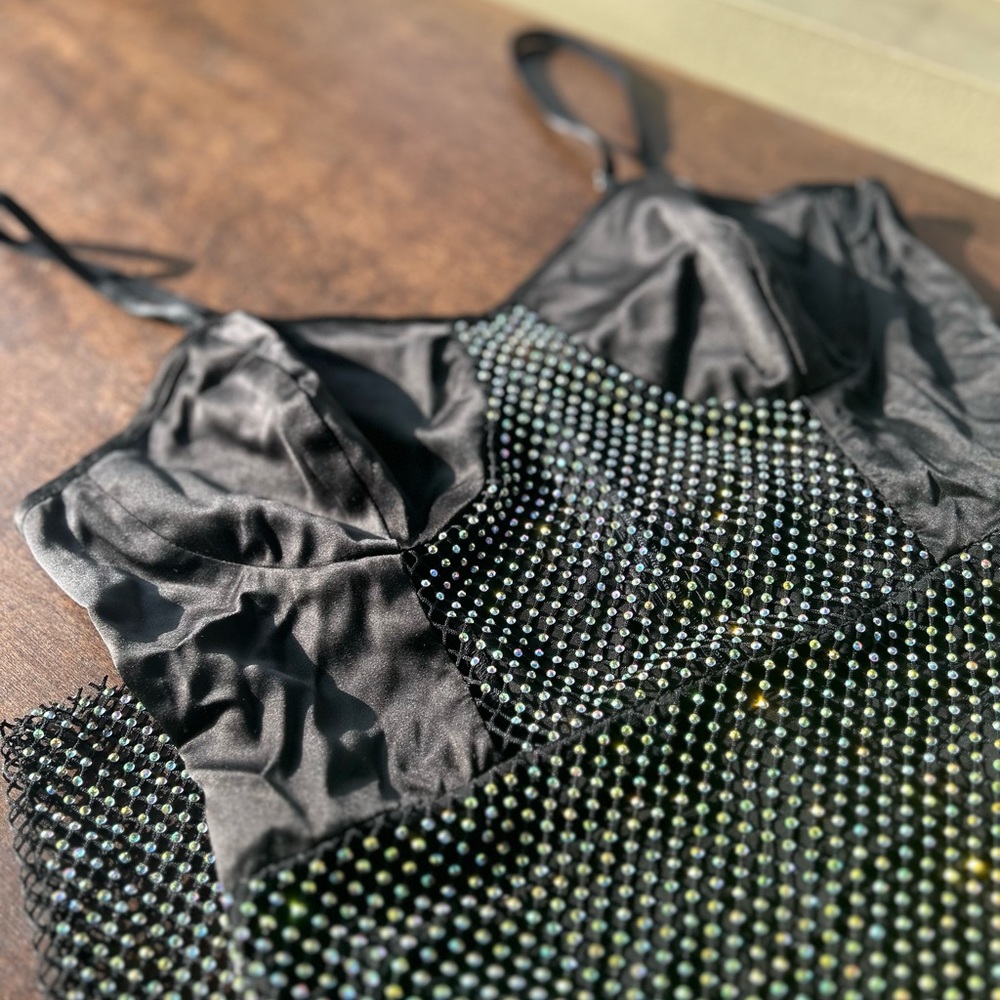 S/M Feminine Divine Rhinestone Bodysuit Dress Outfit